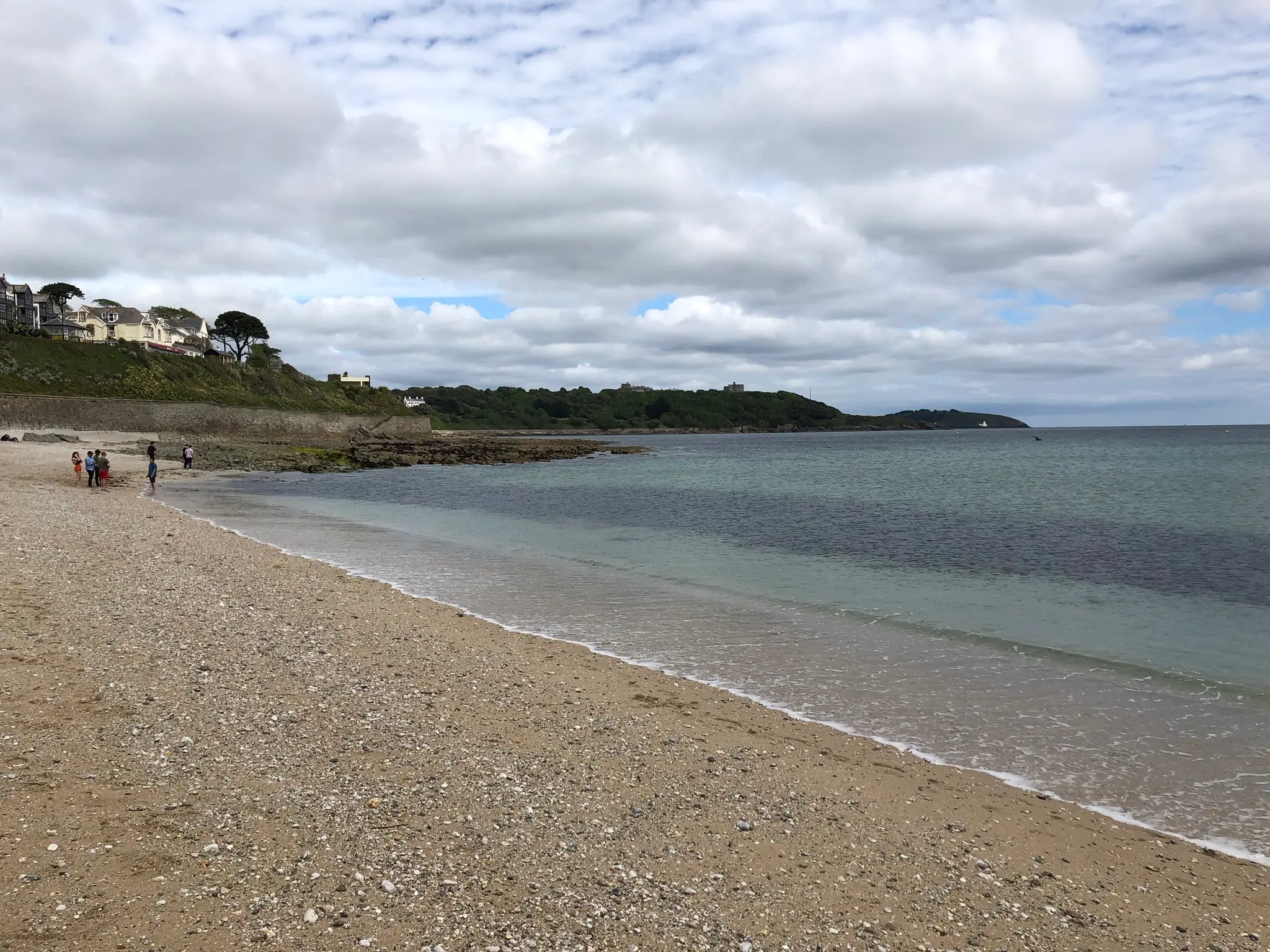 Gyllyngvase beach on a sunny day, arc of sand backed by a grassy slope.