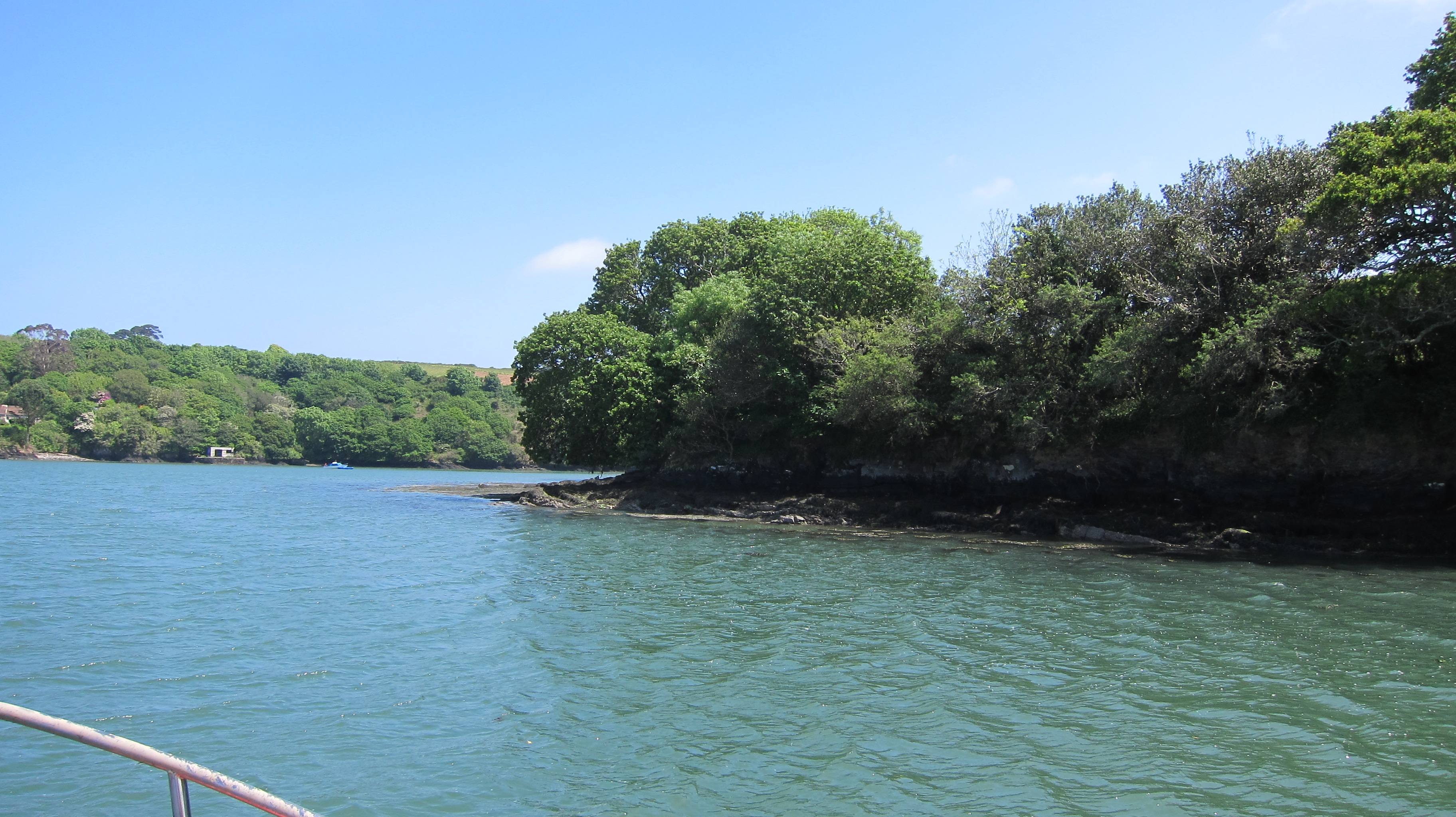 A tidal creek in south Cornwall — wooded banks, still water, and a rowing boat moored in the quiet.