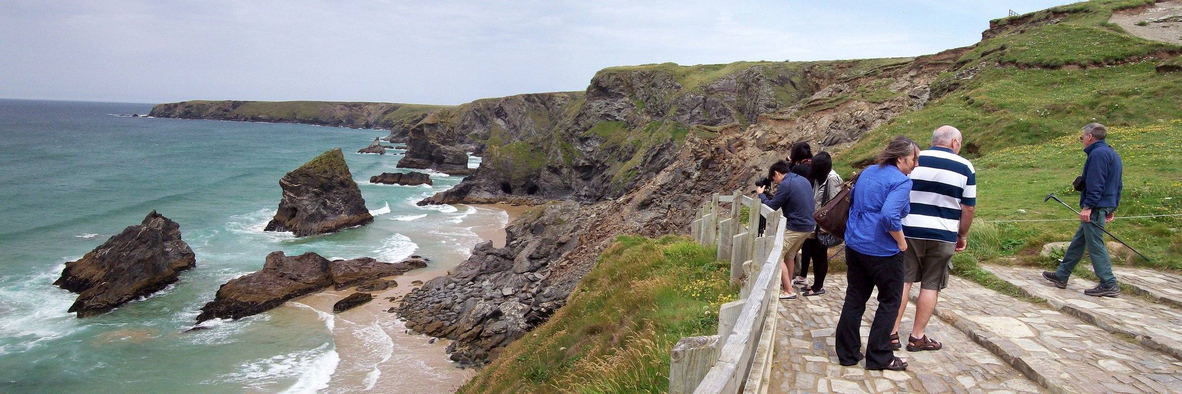 Bedruthan Steps — dramatic sea stacks and Atlantic swell along Cornwall’s north coast.