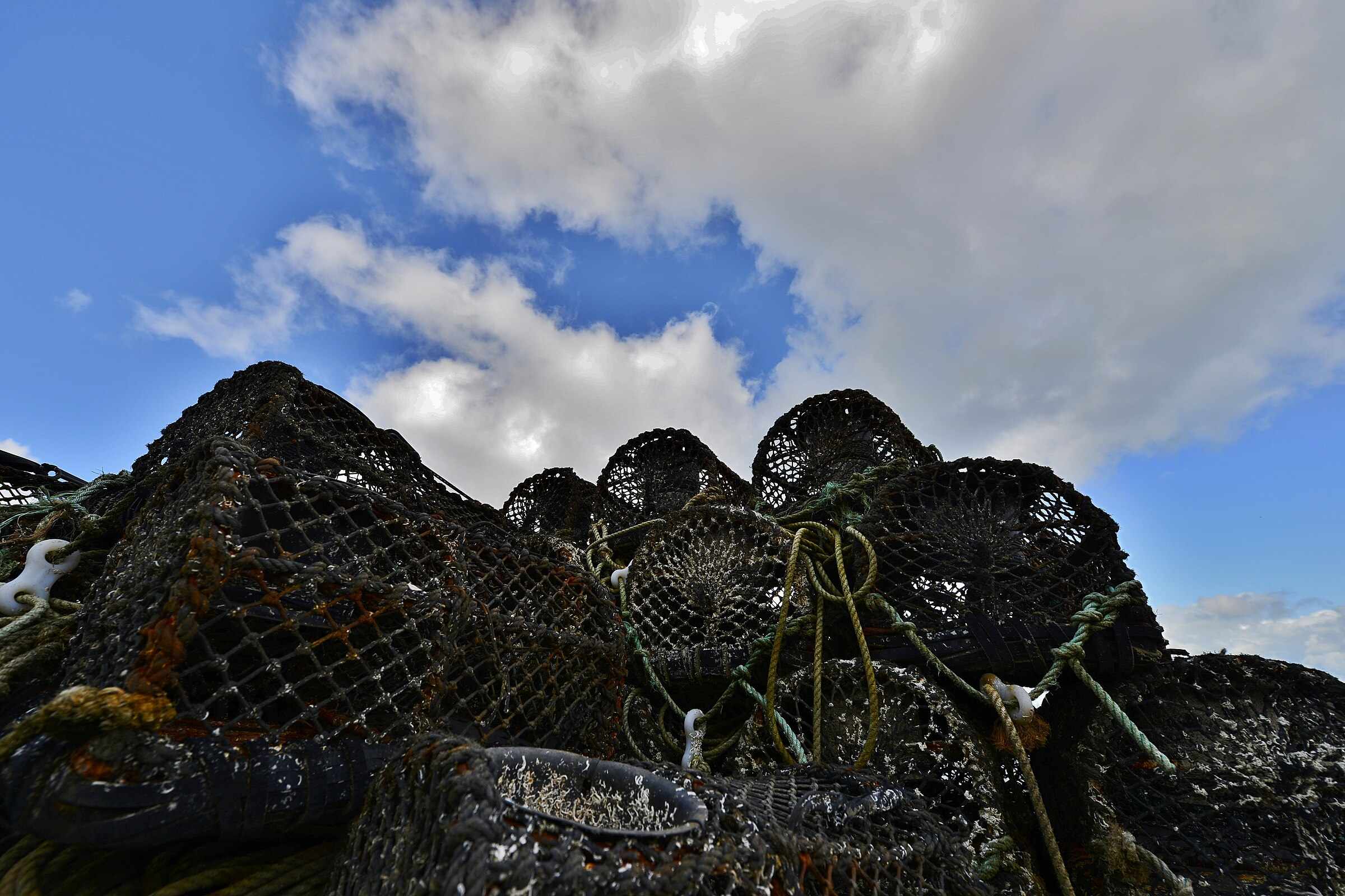 Lobster pots stacked on Mevagissey harbour — the working fishing village that supplies Cornwall's restaurants.