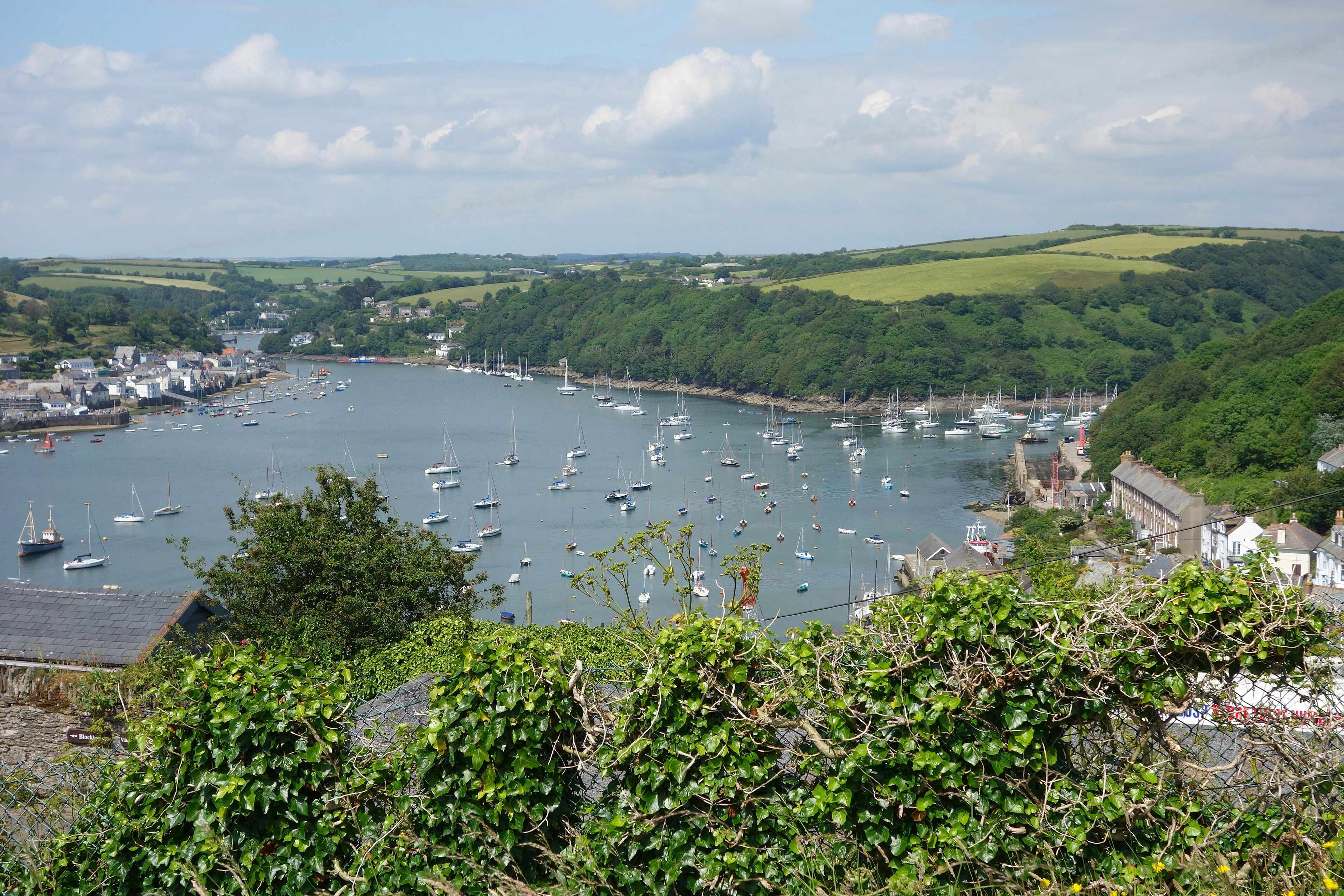 The Fowey estuary at high tide with the wooded slopes of Polruan beyond.