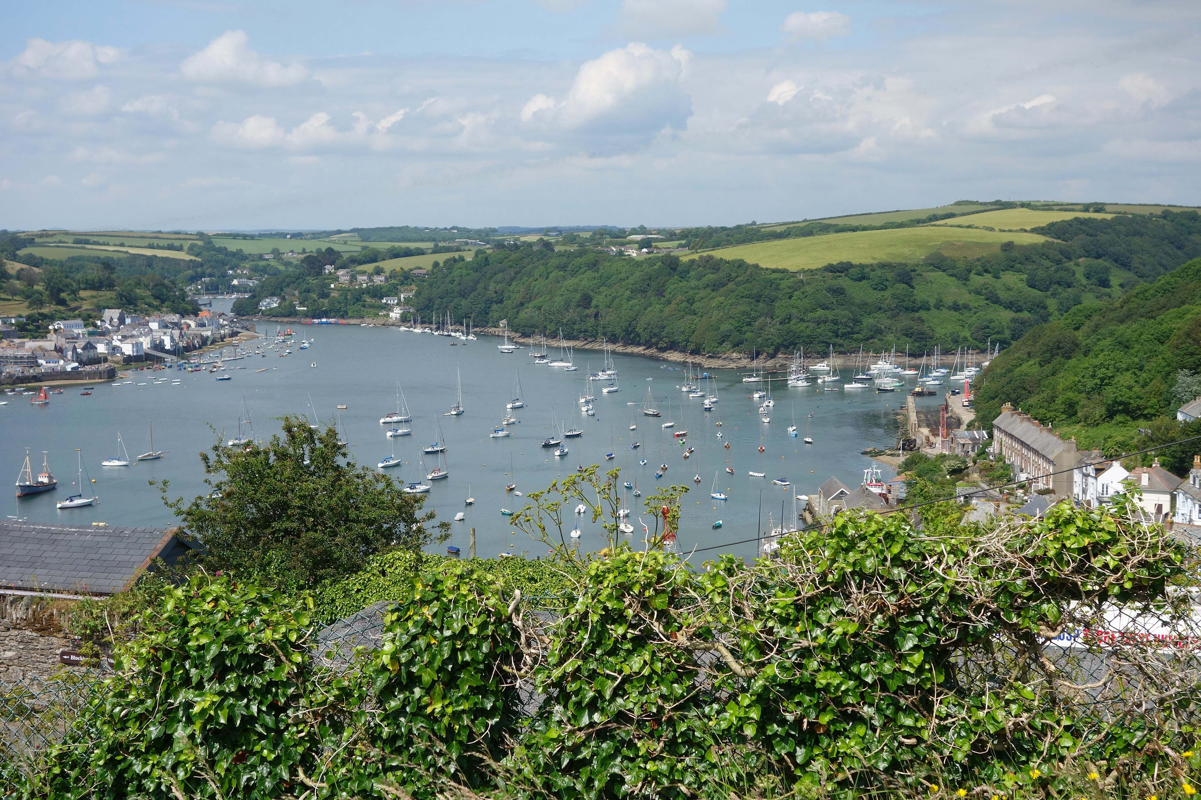 The Fowey estuary at high tide with the wooded slopes of Polruan beyond.