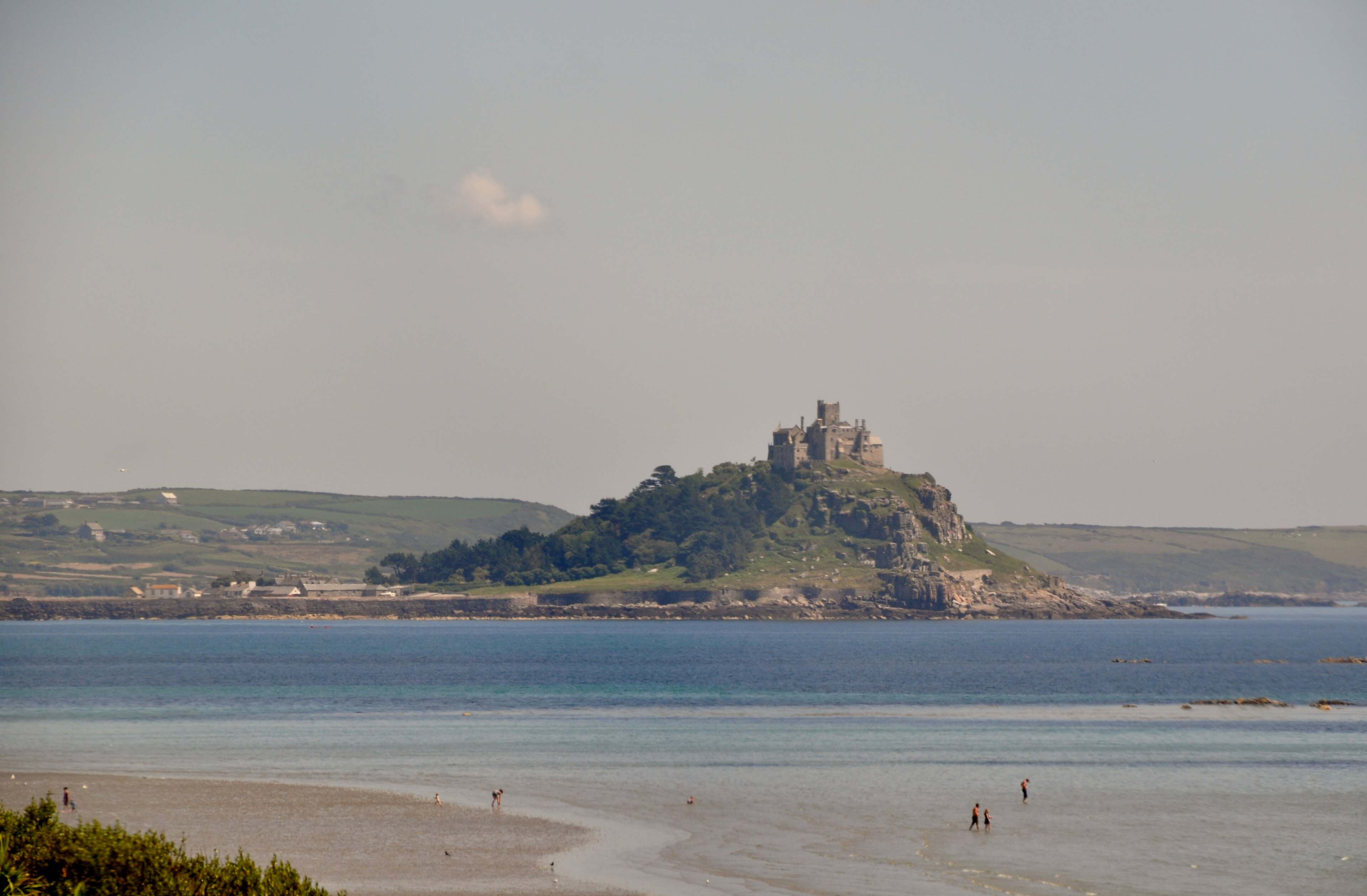 St Michael's Mount across Mount's Bay, the tidal causeway curving from the mainland.